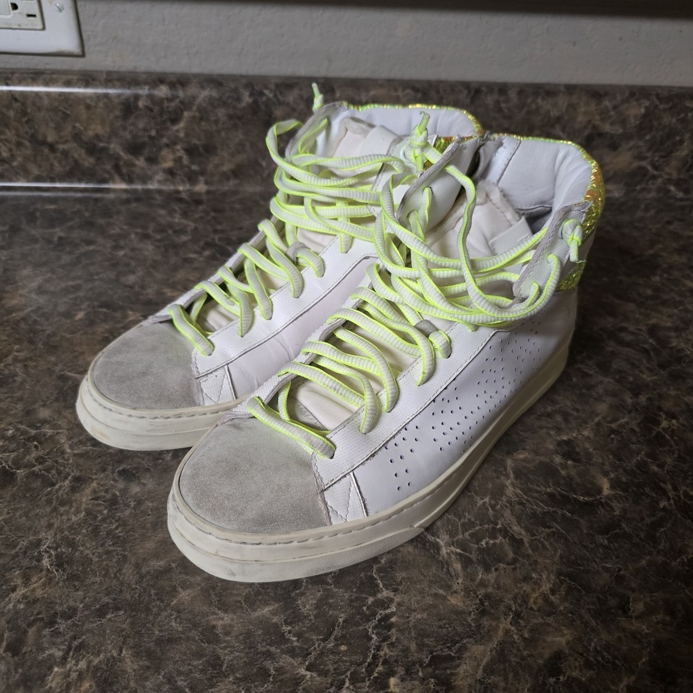 P448 White Leather High-Top Sneakers with Green Detail Size 40